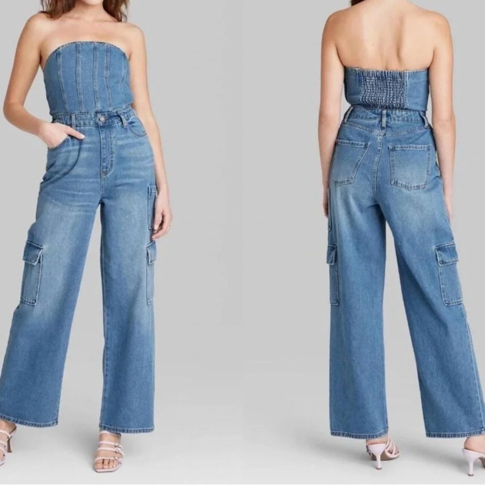 wild fable Strapless Light Blue Denim Jumpsuit